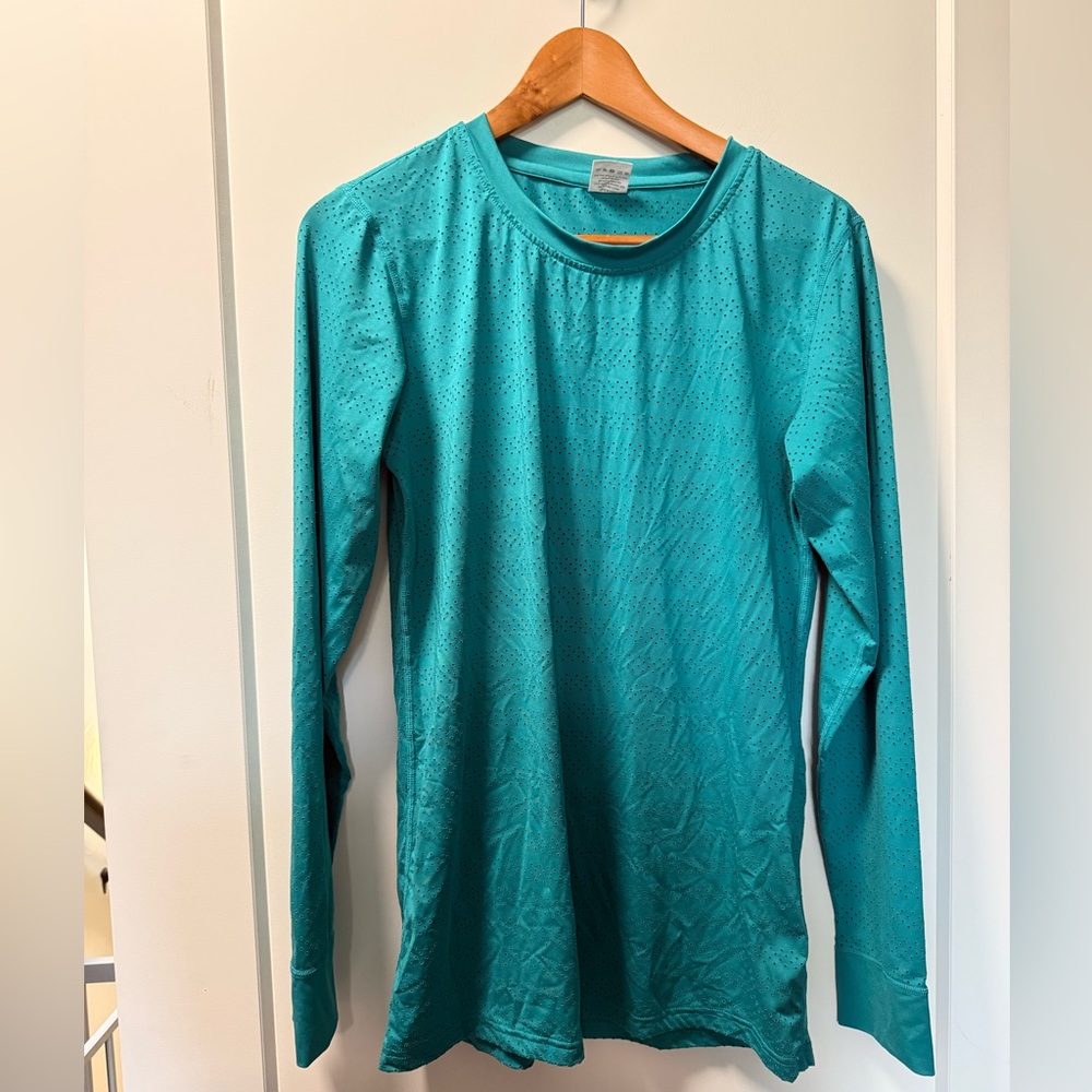 ZYIA Activewear Teal Blue Green Mesh Long Sleeve T-Shirt Workout Lightweight L